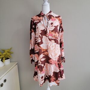 Maaji Brown Floral Tie-Neck Mini Dress with Pink And Orange Accents Size Small